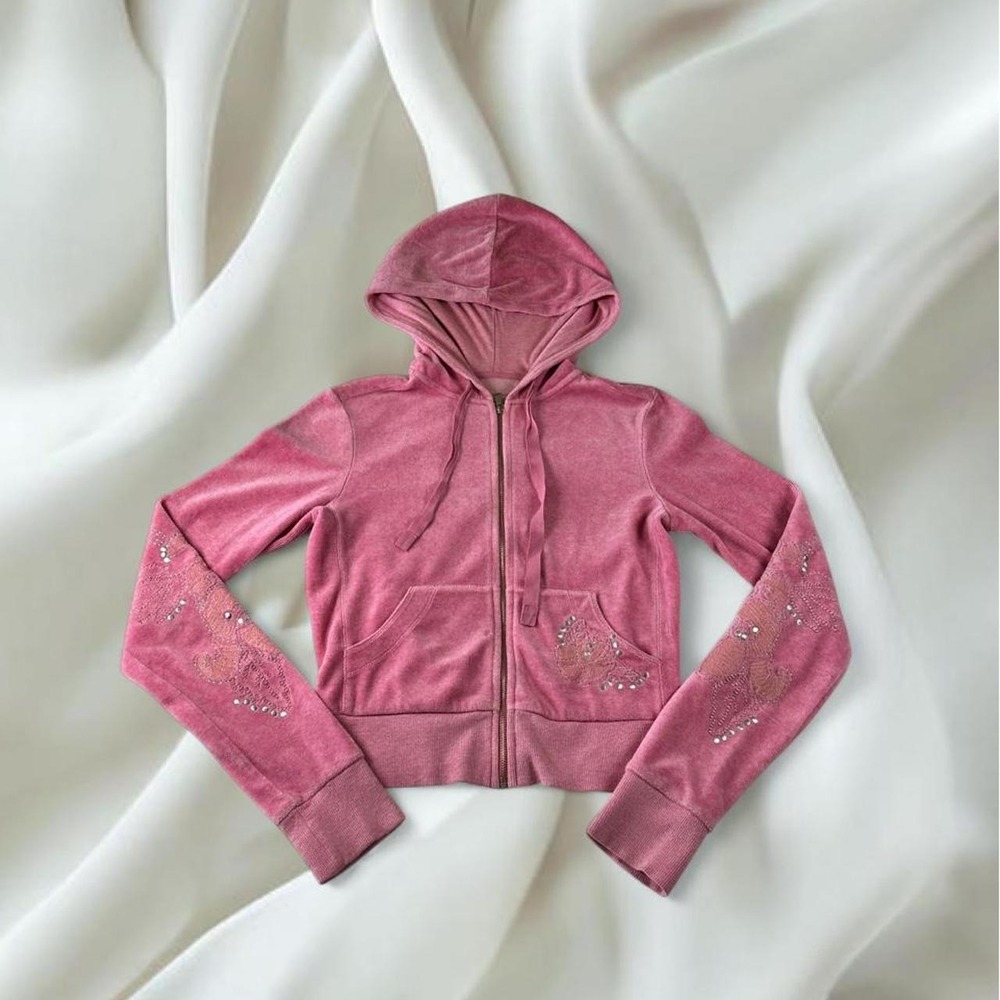 X2 pink velour embroidered rhinestone full zip hooded jacket y2k mcbling fairy